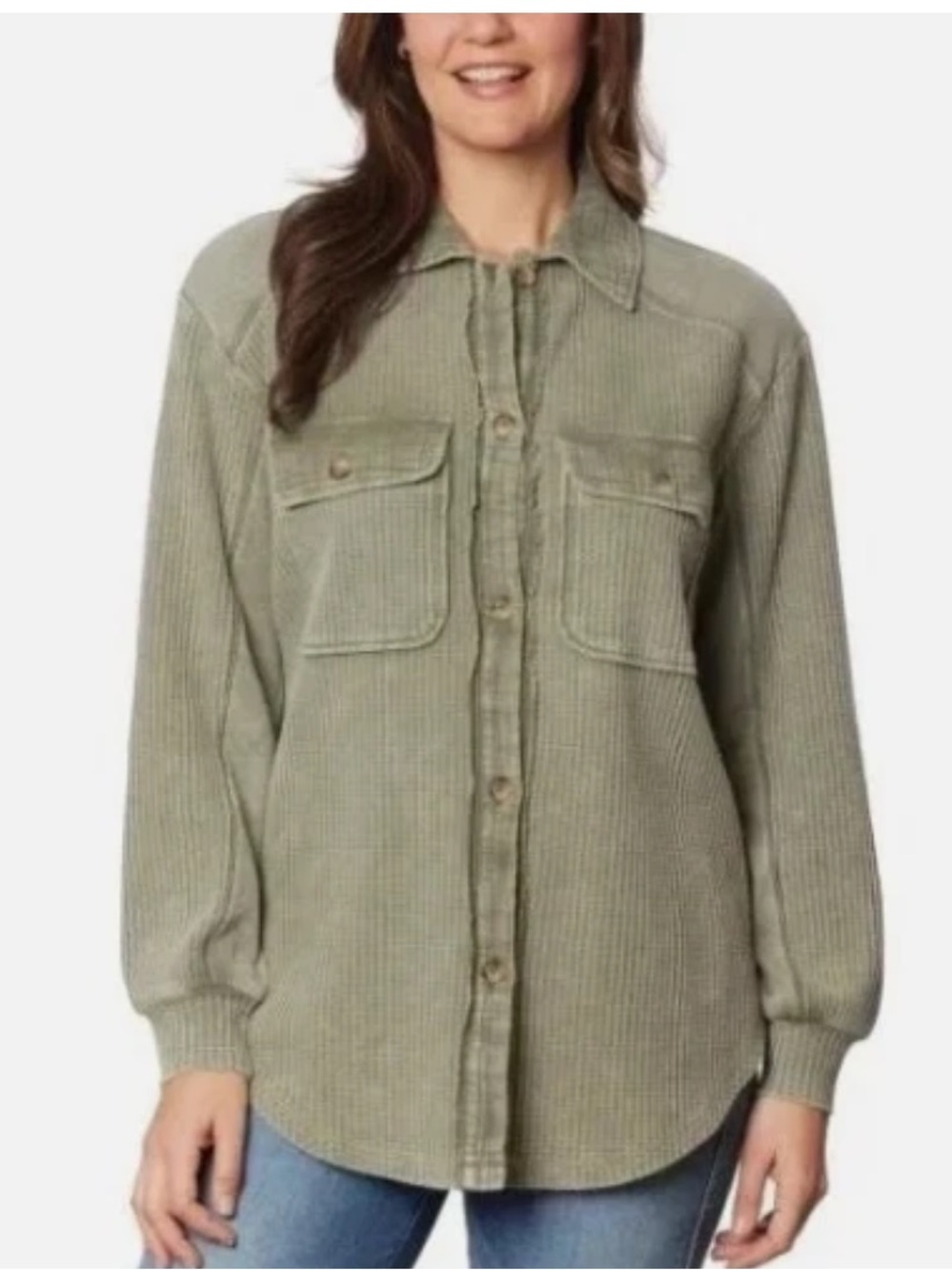 Briggs Women's Relaxed Fit Button Long Sleeve Waffle Shirt Green Size S